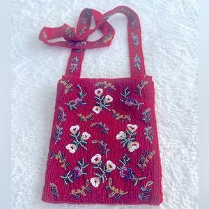 Saks Fifth Avenue Folio Collection Hand Beaded Bag Red Floral Glass Beads Tote